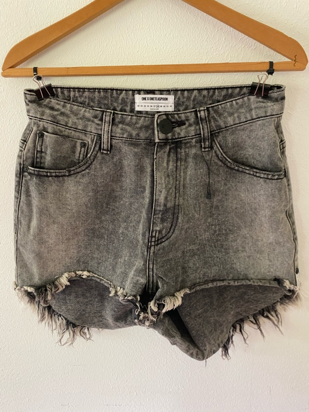 One Teaspoon Black Acid Wash Frayed Hem Jean Shorts